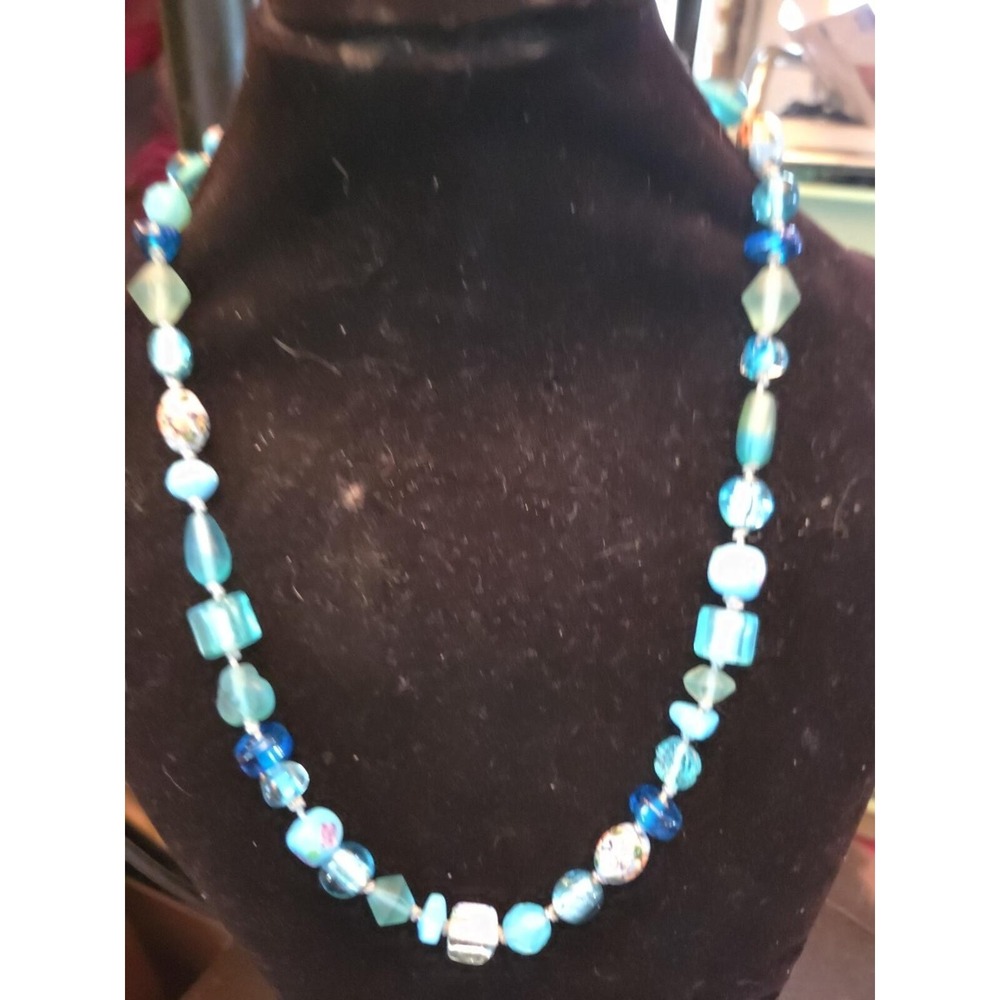 Vintage Aqua Wedding Cake Lamp Work Bead Necklace Italian Glass Blue Multicolor